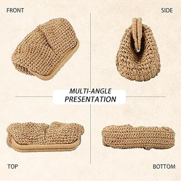 New Goktow Womens Woven Straw Dumpling Clutch Bag Purse w Detachable Chain - Picture 5 of 6